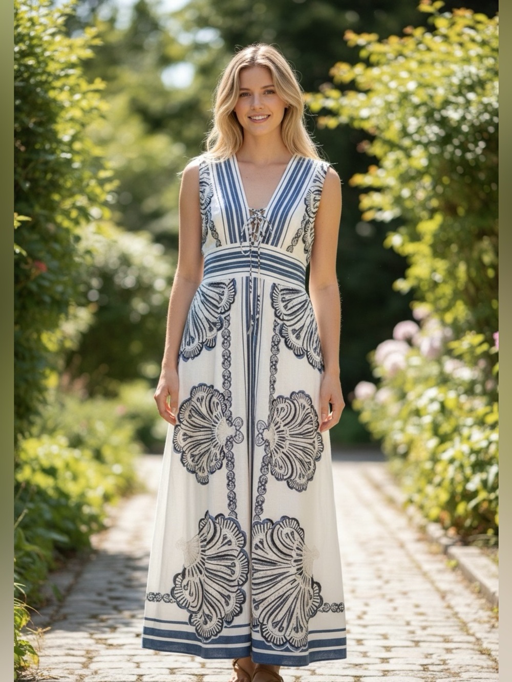 Christian Lacroix White and Blue Maxi Dress